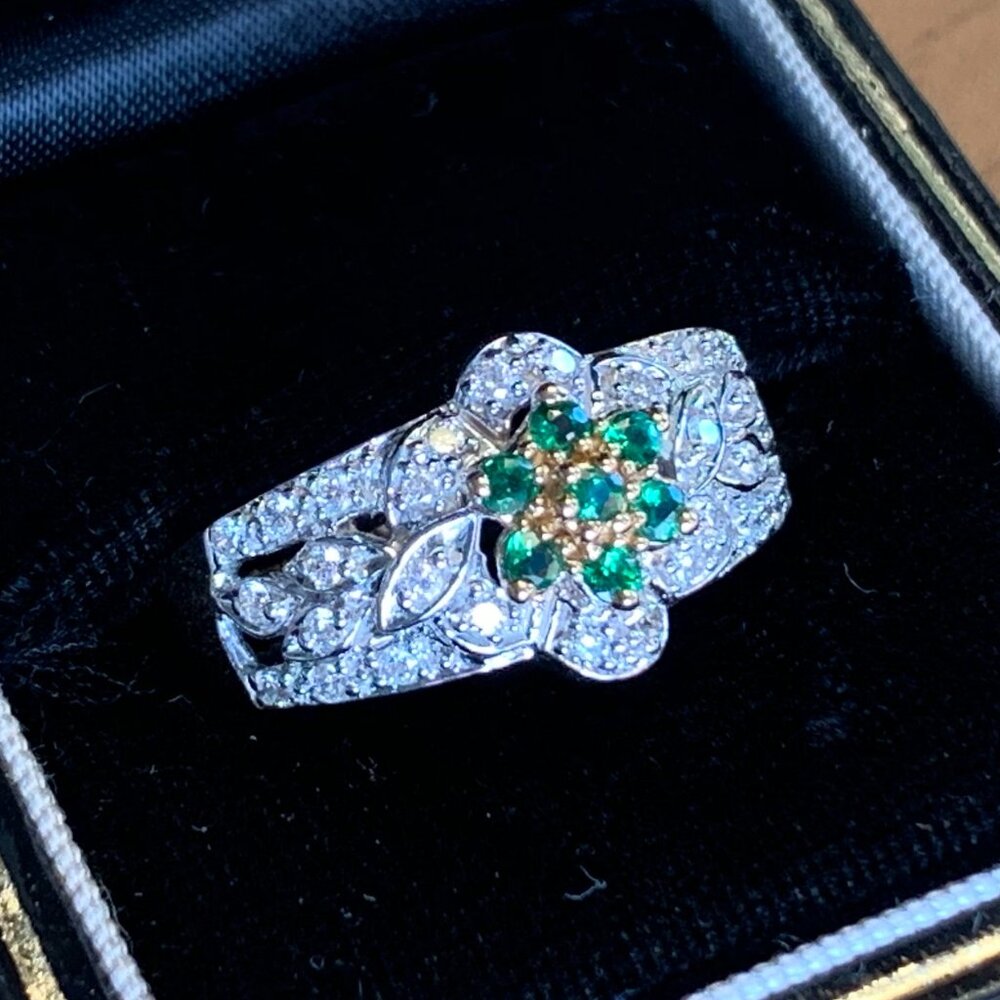 Tsavorite Green Garnet Diamond 14K Gold Ring Flower Leaves New Old Stock Sz 8